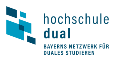 Abbildung Logo mit fünf blauen Quadraten und einer blauen Beschriftung der Hochschule Dual