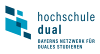Abbildung Logo fünf Quadrate mit einer blauen Beschriftung der Hochschule Dual